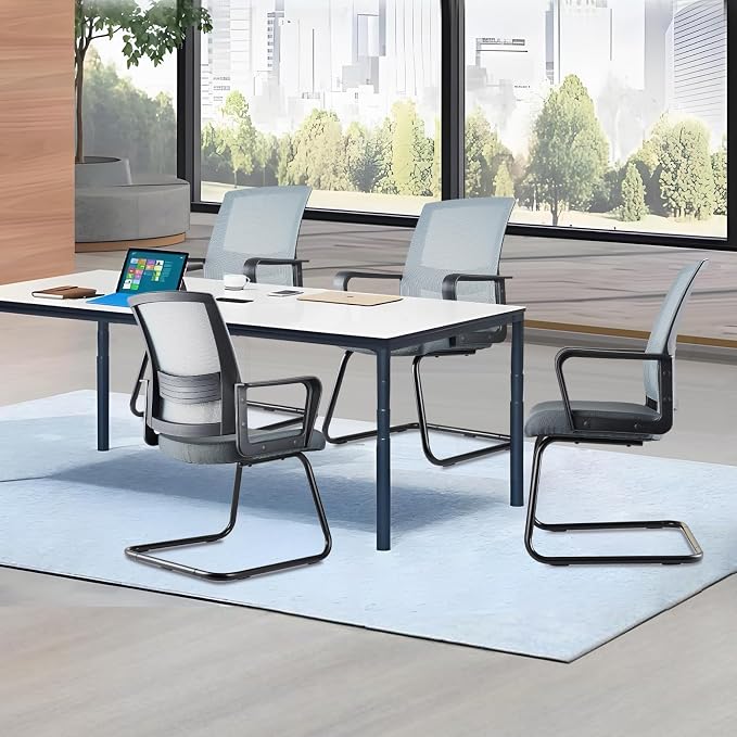 CLATINA Waiting Room Chairs with Armrests and Adjustable Lumbar Support, Breathable Mesh Back Desk Chair No Wheels, Office Guest Chairs & Reception Chair for Conference Room, Grey, 4PK