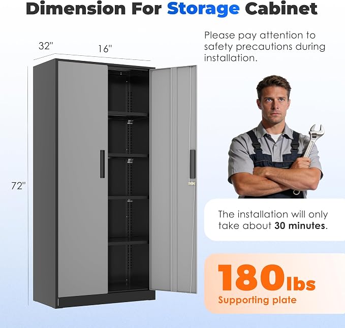 INTERGREAT Storage Cabinet with Doors and Shelves, Metal Garage Storage Cabinets with Lock, Lockable Steel Supply Cabinet for Home Office, Warehouse (Black Grey)