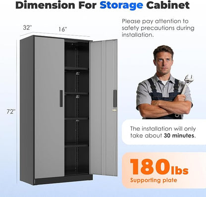 INTERGREAT Storage Cabinet with Doors and Shelves, Metal Garage Storage Cabinets with Lock, Lockable Steel Supply Cabinet for Home Office, Warehouse (Black Grey)