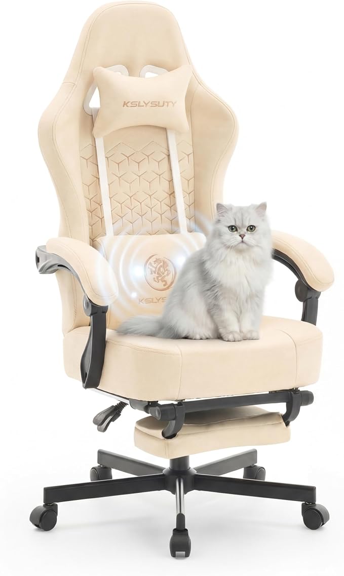 Desk Computer Gaming Chair - Ergonomic Game Office Chair with Extended Footrest and Massage Lumbar Support, Home Gamer Video Game Chairs with Spring Cushion for Adults (Pro Beige Leather)