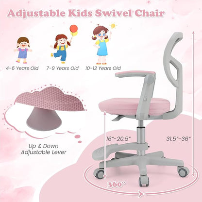Giantex Kids Desk Chair, Ergonomic Adjustable Student Rolling Chair with Footrest & Flip-up Armrest, Mesh Children Office Chair with Universal Wheels, Kids Computer Chair for Boys & Girls, Pink