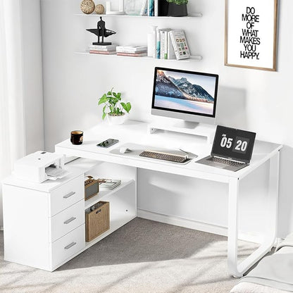MaverickFurni 55" White Desk with Drawers and Shelves, Reversible L Shaped Desk with Monitor Stand, Home Office Desk with Storage for Work Writing Study, White