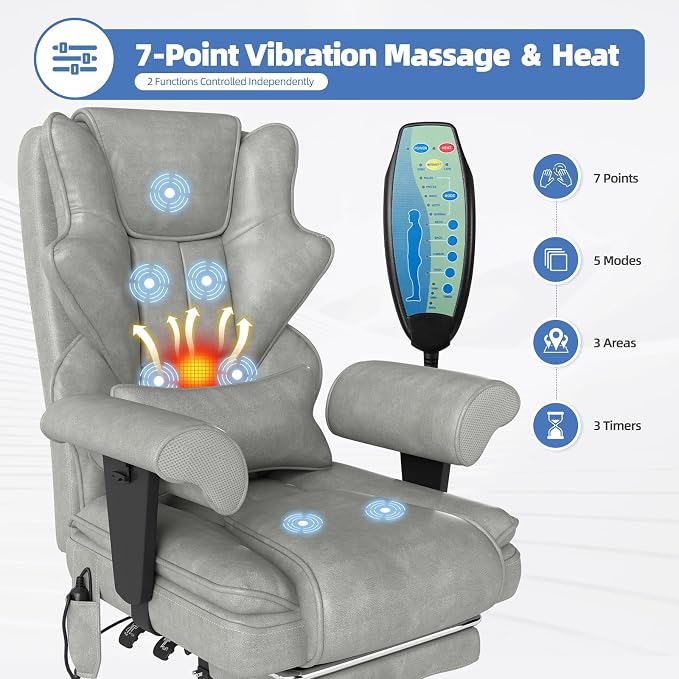 7-Point Massage Office Chair,Heated Manageral Chair,Ergonomic Executive Chair with Footrest,Adjustable Armrest，Computer Chair for Offices, Study Room, Gaming Spaces,Gray