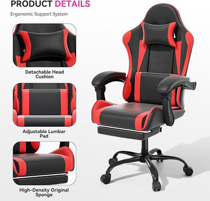 Gaming Chair, Ergonomic Computer Chairs with Arms, Lumbar Support, Footrest, Headrest 360°Swivel Chair, Adjustable Back and Height, Leather PC Chairs for Gaming, Study, Office, Black/Red