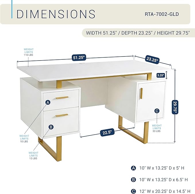 Techni Mobili Storage Drawers and Cabinet 51.25” W-Modern Office Large Floating Desktop Surface Desk, 23.6" D x 51.2" W x 29.8" H, White/Gold