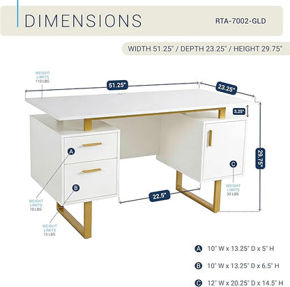 Techni Mobili Storage Drawers and Cabinet 51.25” W-Modern Office Large Floating Desktop Surface Desk, 23.6" D x 51.2" W x 29.8" H, White/Gold