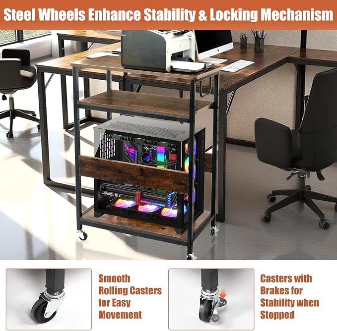 TooCust Extra Large Height Adjustable Computer Tower Stand, Computer & Machine Carts, PC Tower Stand, Printer Stands with Steel Wheels, Holds Up to 110 lbs (Fits 11" D x 22" W x 24.5" H Towers)
