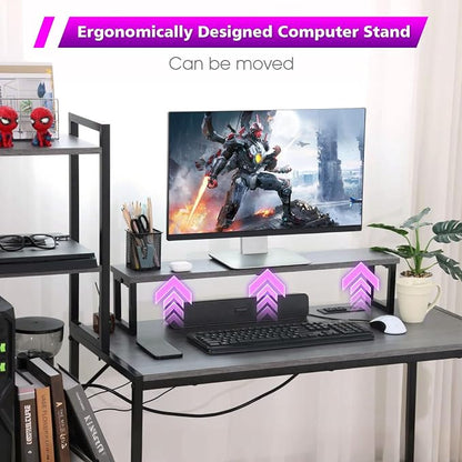 KATHY&BOB 59.1" Computer Desk with Power Outlets and Storage Shelves, Reversible Home Office Desk with 2 Fabric Drawers, Sturdy Writing Table with Detachable Monitor Stand for Small Spaces