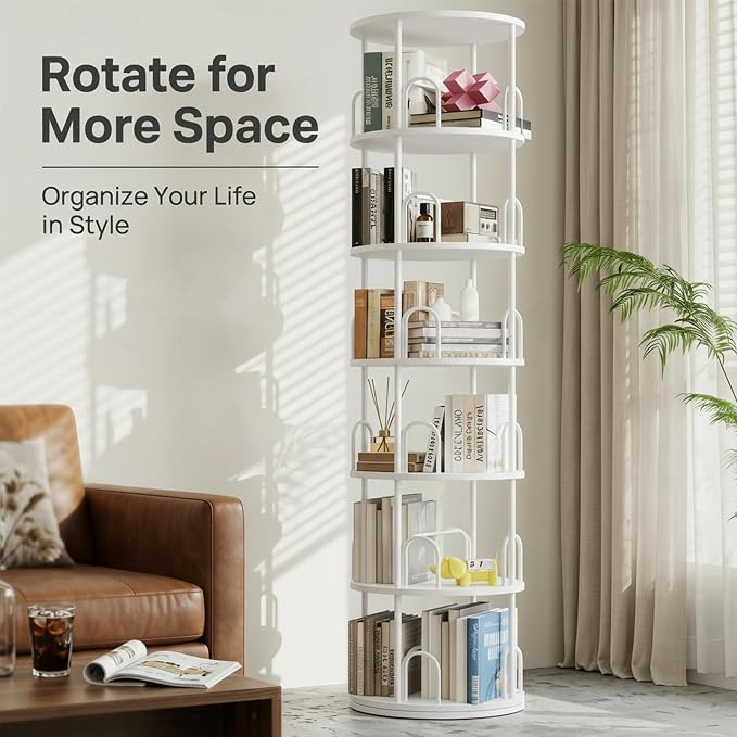 6 Tier Rotating Bookshelf Tower, Standing Tall Corner Wood, White Metal Modern Book Shelf Organizer Retro Vintage Rustic Modern Large Bookshelf Book Display Furniture for Your Home, Office, Kids