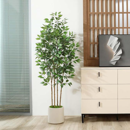 SOGUYI Ficus Artificial Tree 6ft Fake Silk Plant for Home Decor Indoor, Faux Floor Tree in White Imitation Ceramic Planter with Green Fake Moss for Home Office Corner Indoor Decor, Set of 1