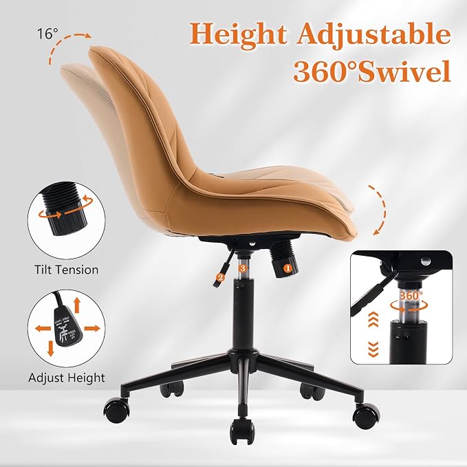 Rowill Modern Office Chair - Ergonomic Swivel Leather Desk Chair with Curved Backrest, Height Adjustable Rolling with Wheels, Perfect for Study Room & Office, Brown Yellow