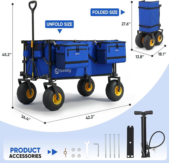 Sekey Heavy Duty Beach Wagon with 9" Big Sand-Proof Wheels, 300L Oversized Foldable Beach Cart with Cooler| Adjustable Handle & Balloon Tires for Sand, Camping,Vacation