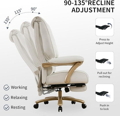 EXCEBET Big and Tall Executive Office Chair with Footrest, 400LBS Capacity Ergonomic High-Back Desk Office Chair with Lumbar Support, Padded Armrests & Thick Cushion, White PU Leather Chairs