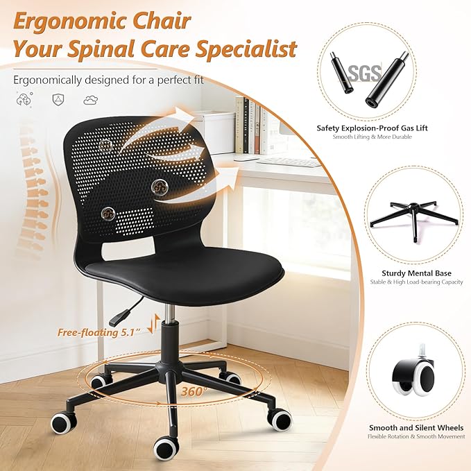 Home Office Chair, Armless Mid-Back Computer Desk Chair with Breathable Backrest and Padded Cushion, Height Adjustable Swivel Ergonomic Task Chair for Home, Work, Study