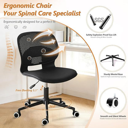Home Office Chair, Armless Mid-Back Computer Desk Chair with Breathable Backrest and Padded Cushion, Height Adjustable Swivel Ergonomic Task Chair for Home, Work, Study