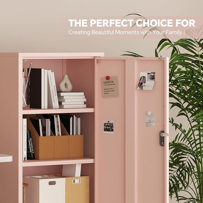 Steehoom Metal Locker Cabinet Lockable Bathroom Storage Cabinet Black 4 Tier Employee Lockers for Home, School, Office, Garage (Pink, 19.69" D x 15.75" W x 49.21" H)