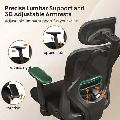 DEVAISE Ergonomic Mesh Office Chair with Adjustable 3D Headrest and Tilt Function, Big and Tall Reclining Comfy Home Computer Desk Chair with Lumbar Support and 3D Armrests, Black