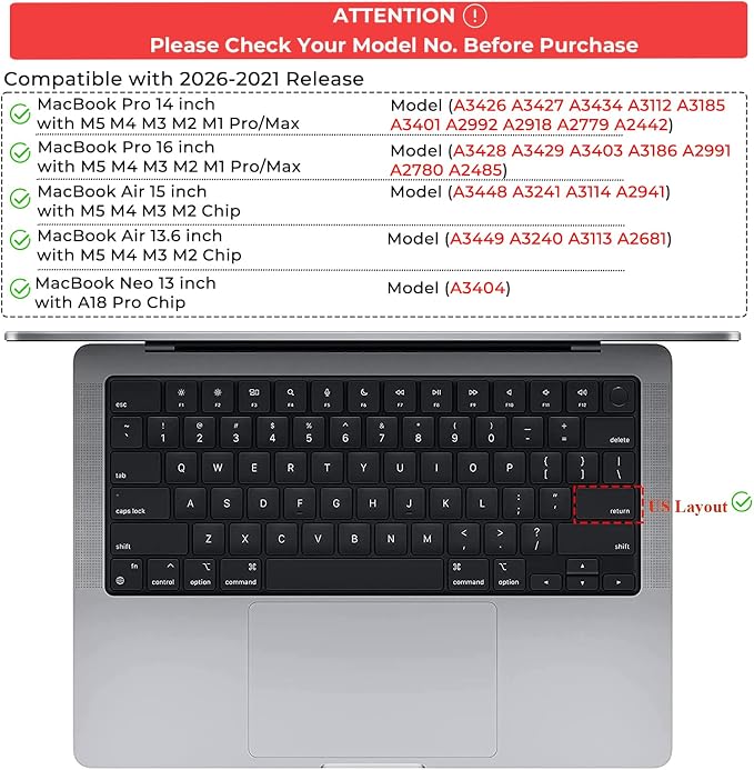 EooCoo Premium Keyboard Cover Skin Protector, Laptop Accessories Compatible with 2026 2025 2024 2023 2022 2021 M5/M4/M3/M2/M1 Pro/Max MacBook Pro 14/16, M5-M2 MacBook Air 13/15, MacBook Neo, Tinted