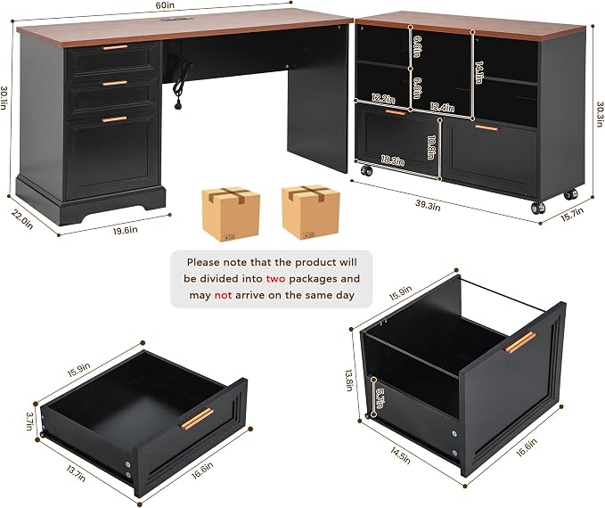 60" Professional Office Desk with 40" Mobile File Cabinet,Business Desk with Charging Station,L Shaped Executive Desk Set for Office Work,Home Study