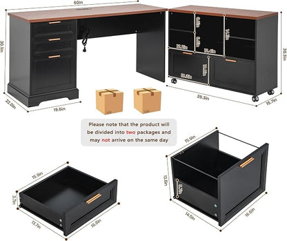 60" Farmhouse Executive Desk and 40" Mobile File Cabinet Combination,L Shaped Executive Desk with Charging Station,Home Office Desk for Office Work,Home Study