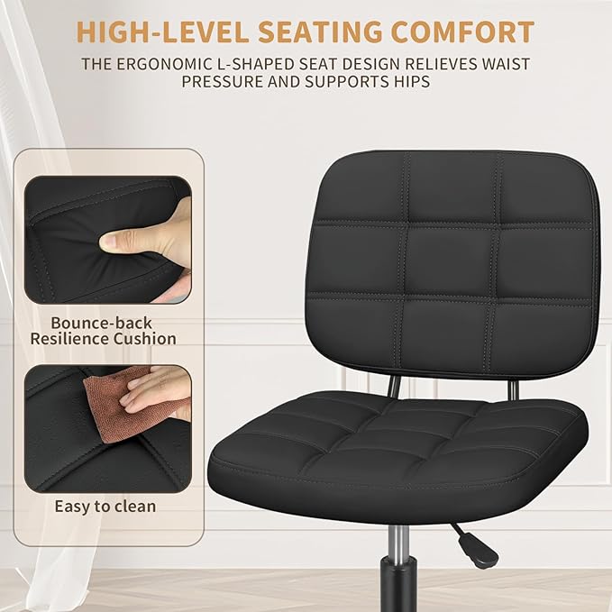 ERGOSEAT Armless Office Chair with Wheels, Small Desk Drafting Chair for Small Space, PU Leather Computer Task Chair, Height Adjustable Rolling Chair, Compact Chair for Home Office, Dorm, Vanity,Black