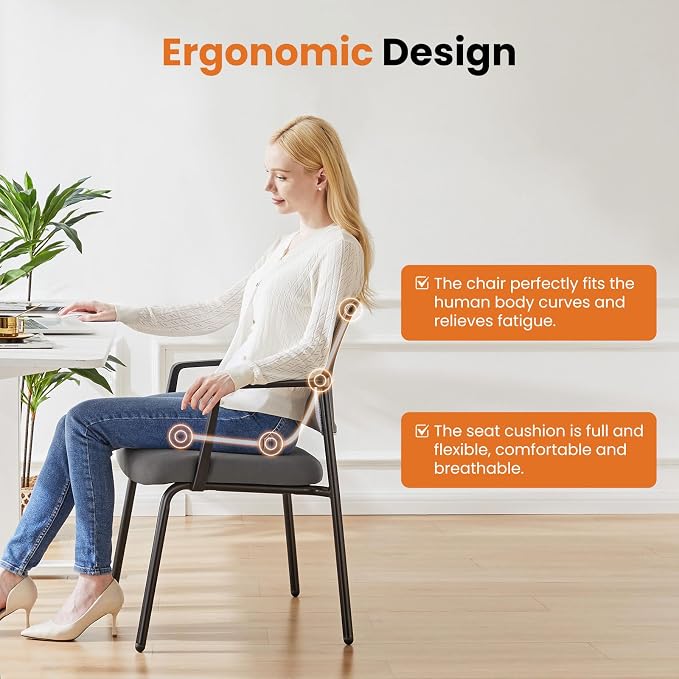 Mesh Back Stacking Arm Chairs, Office Reception Guest Chair with Upholstered Fabric Seat and Ergonomic Lumber Support, Sturdy Metal Office Chairs, Grey-1pack