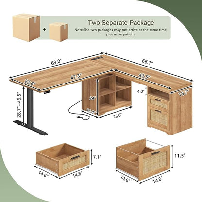 Farmhouse L Shaped Standing Desk, 66 inch Rattan Corner Electric Standing Desk with Drawers ＆ Storage Shelves, Height Adjustable Computer Desk with Power Outlets for Home Office (Natural Oak)