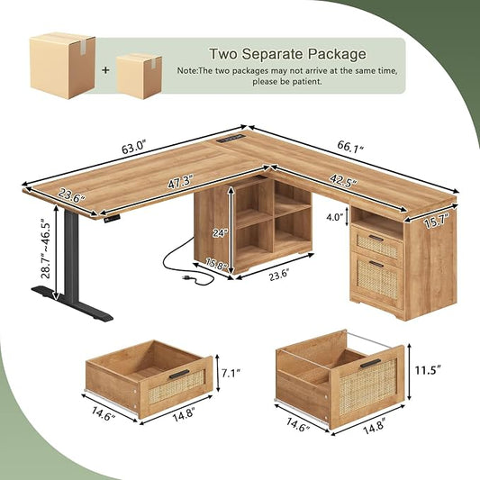Farmhouse L Shaped Standing Desk, 66 inch Rattan Corner Electric Standing Desk with Drawers ＆ Storage Shelves, Height Adjustable Computer Desk with Power Outlets for Home Office (Natural Oak)
