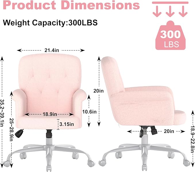 Comfy Home Office Desk Chair, Upholstered Fuzzy Vanity Chair with Wheels and Arms, Modern Adjustable Swivel Computer Seat for Make Up, Home Office, Living Room, Bedroom, Teddy Fleece, Pink