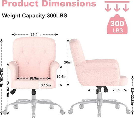 Comfy Home Office Desk Chair, Upholstered Fuzzy Vanity Chair with Wheels and Arms, Modern Adjustable Swivel Computer Seat for Make Up, Home Office, Living Room, Bedroom, Teddy Fleece, Pink