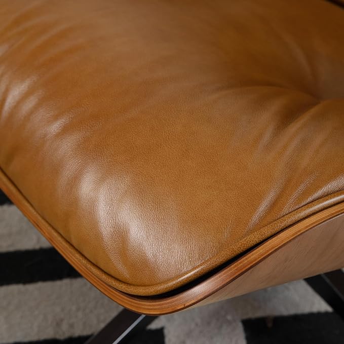 Mid Century Chaise Lounge Chair with Ottoman, Luxury Oil-Waxed Leather Reading Chair, Modern Chair Classic Design, Heavy Duty Base Support for Living Room Study Lounge Office Walnut Light Brown
