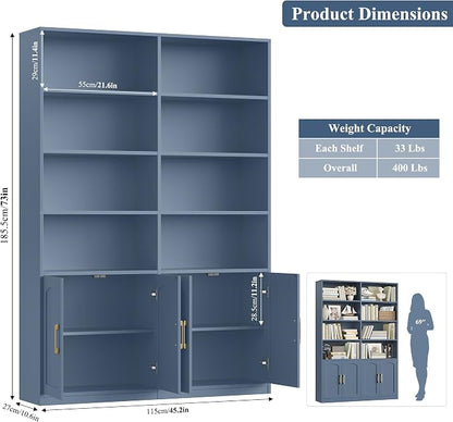 FACBOTALL Bookshelf and Bookcase with Doors, 6 Tier Double Wide Large Bookshelves, Open Display Shelves, 73'' Tall Bookshelf with Storage Cabinets for Home Office, Living Room, Library, Blue