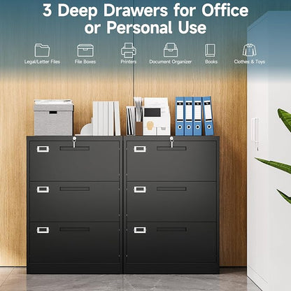 MIIIKO Lateral 3 Drawer File Cabinet, Black Metal Filing Cabinets with Lock, Drawers Storage File Cabinets for Home Office,Hanging Files Folders Letter/Legal/A4 Size