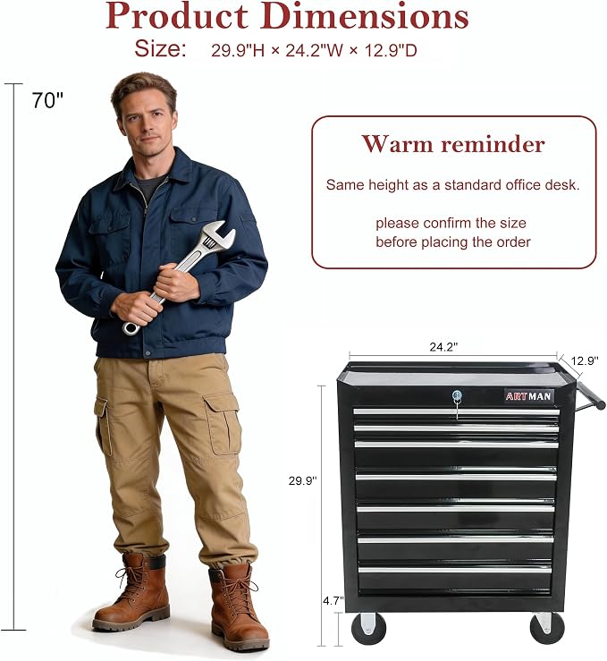 RYH 7 Drawers Rolling Tool Chest & Tool Box on Wheels | Heavy Duty Metal Cart with Ball Bearing Drawers | Fits US General Tool Box for Garage Storage (Black, 7 Drawers（29.9" H × 24.2" W × 12.9" D)