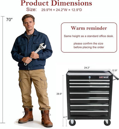 RYH 7 Drawers Rolling Tool Chest & Tool Box on Wheels | Heavy Duty Metal Cart with Ball Bearing Drawers | Fits US General Tool Box for Garage Storage (Black, 7 Drawers（29.9" H × 24.2" W × 12.9" D)