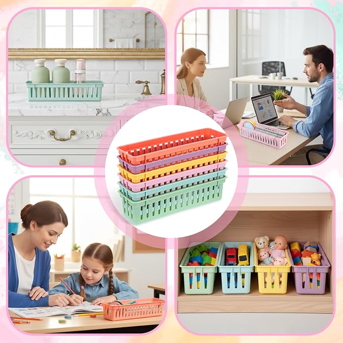 24Pack Small Pencil Basket, 10" x 3" Plastic Pencil Holder for Classroom, Slim Stackable Pencils Tray Storage for Office Desk and Elementary Teacher Organization Supplies (Colorful)
