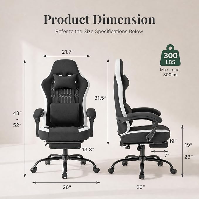 Computer Gaming Chair - High Back Ergonomic Desk Chair with Footrest and Lumbar Support, Height Adjustable Task Chair with Linkage Armrests and Headrest, 360° Swivel Wheels, Black
