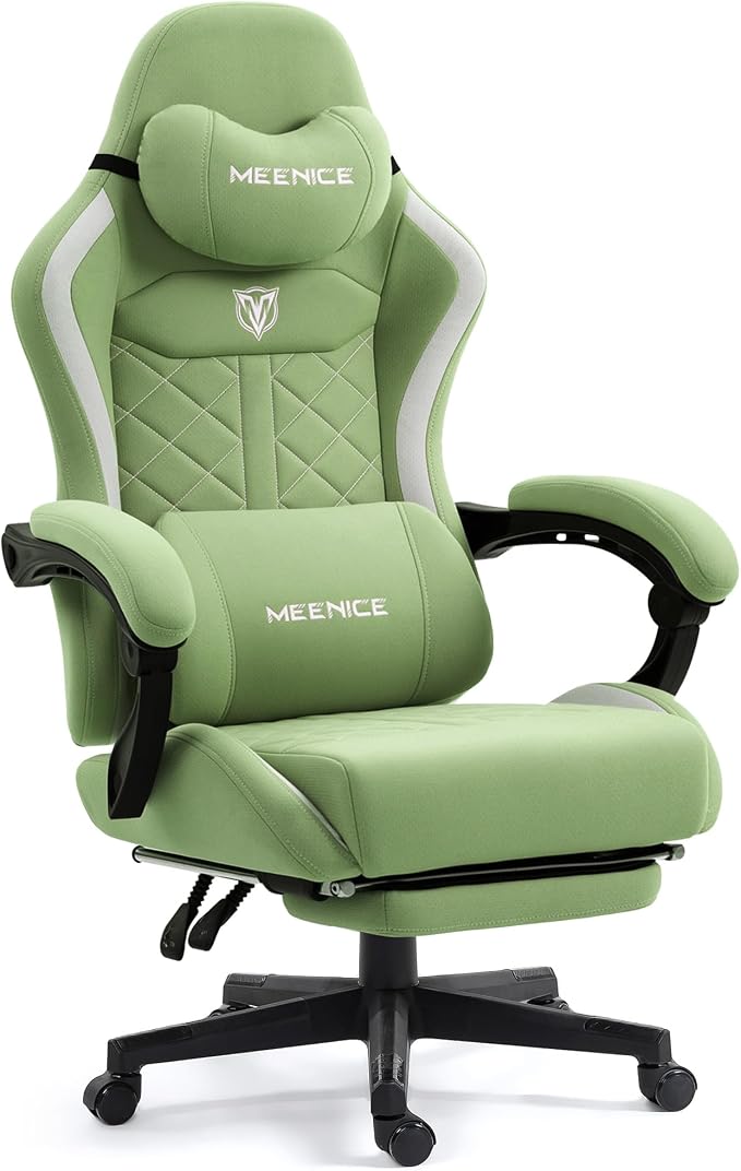 Big and Tall Gaming Chair Fabric with Pocket Spring Cushion, High Back Heavy Duty Gaming Chairs for Adults with Massage Lumbar, Ergonomic Computer Chair with Footrest 400LBS Fabric Green