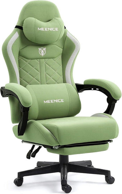 Big and Tall Gaming Chair Fabric with Pocket Spring Cushion, High Back Heavy Duty Gaming Chairs for Adults with Massage Lumbar, Ergonomic Computer Chair with Footrest 400LBS Fabric Green
