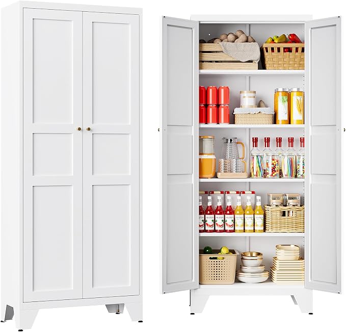 72" Tall Kitchen Cabinet Storage Unit With 2 Doors and 4 Adjustable Shelve, Metal White Freestanding Cupboard, 5 Tier Kitchen Pantry Storage Cabinet for Kitchen Dining/Living Room/Garage/Home/Office
