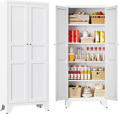 72" Tall Kitchen Cabinet Storage Unit With 2 Doors and 4 Adjustable Shelve, Metal White Freestanding Cupboard, 5 Tier Kitchen Pantry Storage Cabinet for Kitchen Dining/Living Room/Garage/Home/Office