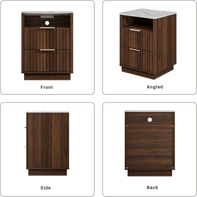 Fluted Nightstand, Night Stand Set 2, Walnut Nightstands Set of 2 with Charging Station and Faux Marble Top, 2 Drawers End Table w/Storage, Modern Bedside Table for Bedroom, Curved Corners
