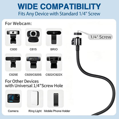 Webcam Stand Mount, Flexible Gooseneck Webcam Arm Stand with Desk Camera Mount Clip Clamp for Logitech C922 C930e C920S C920 C615 C960 C920x Brio 4K NexiGo N60 and More