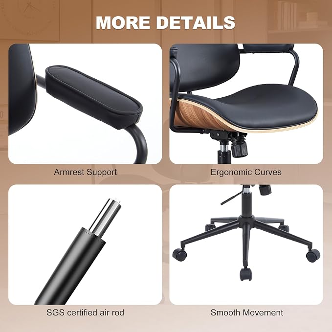 Mid Century Modern Office Chair with Adjustable Backrest, Wooden Desk Chair with Armrests, Swivel Height Adjustable Home Office Chair, Comfortable Task Chair for Home Office, Black