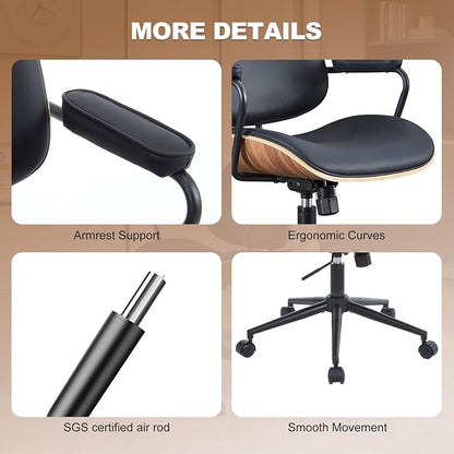 Mid Century Modern Office Chair with Adjustable Backrest, Wooden Desk Chair with Armrests, Swivel Height Adjustable Home Office Chair, Comfortable Task Chair for Home Office, Black