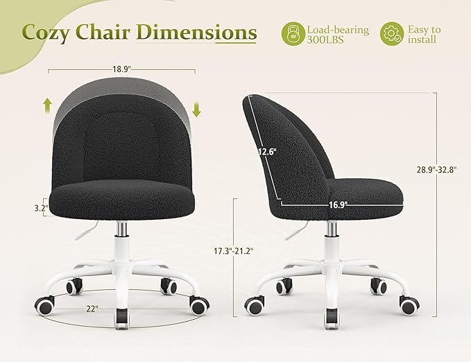 DurayLoly Vanity Chair with Back, Cute Desk Chair with Wheels, Armless Chair with Height Adjustable & 360° Swivel, Soft Lumbar Support for Small Space, Bedroom, Black