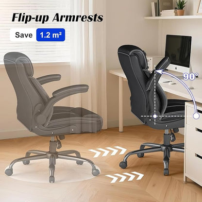 AnyGod 1Pcs Office Chair for Men Women Home Office Pu Leather 360 Swivel Rocking Function Ergonomic Chair with Flip-Up Arms Lumbar Support Rolling Wheels Adjustable Height -Black Size