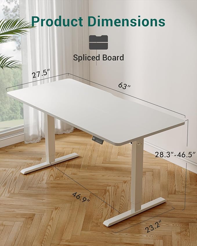 CubiCubi 63 x 28 Large Standing Desk, Height Adjustable Electric Computer Desk, 28" Deep Desktop, Sit Stand up Home Office Workstations with Preset Heights, White