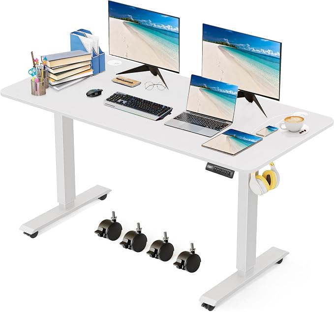 Electric Standing Desk 63 x 24 Inches Adjustable Height Sit Stand Up Desk for Home Office Computer Workstation Memory Preset with Wheels, White
