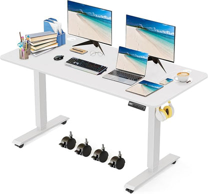 Electric Standing Desk 63 x 24 Inches Adjustable Height Sit Stand Up Desk for Home Office Computer Workstation Memory Preset with Wheels, White